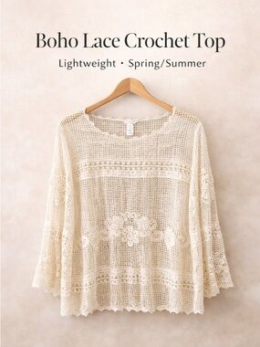 Cato Cream Crochet Lace Boho Blouse Size M Sheer Festival Top